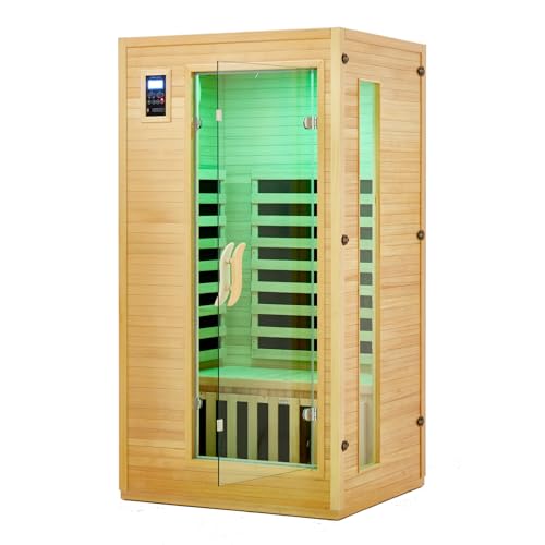 Garvee 2024 Upgrade 1 to 2 Person Sauna, 6 Heating Plate Infrared Physical Therapy Wooden Dry Steam Sauna, Low EMF, MP3 Auxiliary Connection, Dual Controls Inside and Outside Fits, Home Spa Day Use