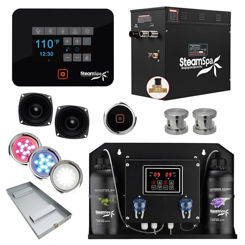 SteamSpa Steam Shower Generator Kit | Brushed Nickel + Auto Drain Combo|Dual Bottle Aroma Oil Pump | Steam Sauna Spa Stall Package|Touch Screen Wifi App/BT Control Panel |12 kW Raven | RVB1200BN-ADP