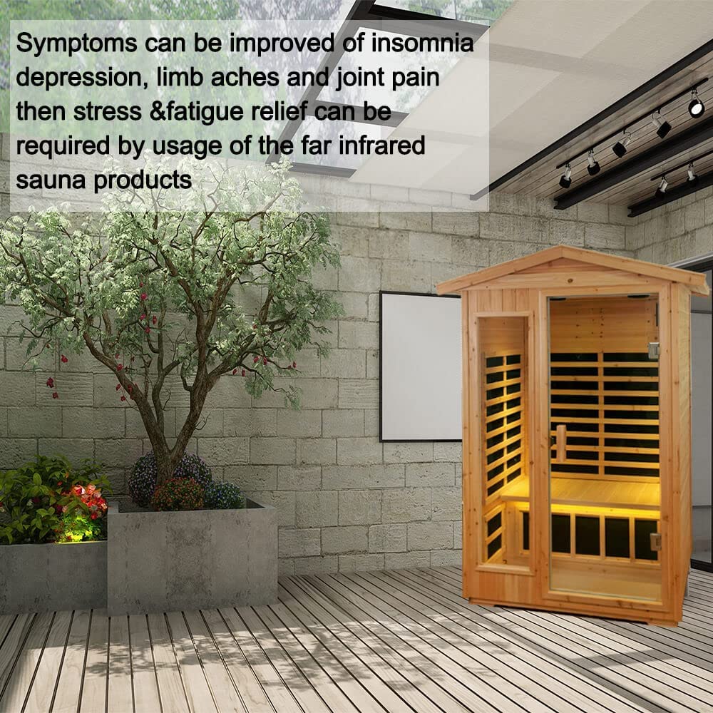 Xmatch Far Infrared Wooden Outdoor Sauna, 2-Person Size 1750W, 9 Low EMF Heaters, 10 Minutes Pre-Warm up, Time and Temp Pre-Set, 2 Bluetooth Speakers, 2 LED Reading Lamp and 2 Chromotherapy Lights