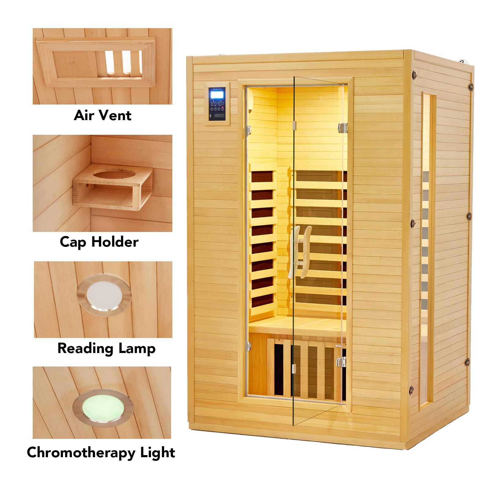 2024 Upgrade 2 Person Sauna, Low EMF 6 Heating Plate Infrared Physical Therapy Wooden Dry Steam Sauna with MP3 Auxiliary Connection, Dual Controls, Iron Shirt Wall Plate, Home Spa Day Use, Gift