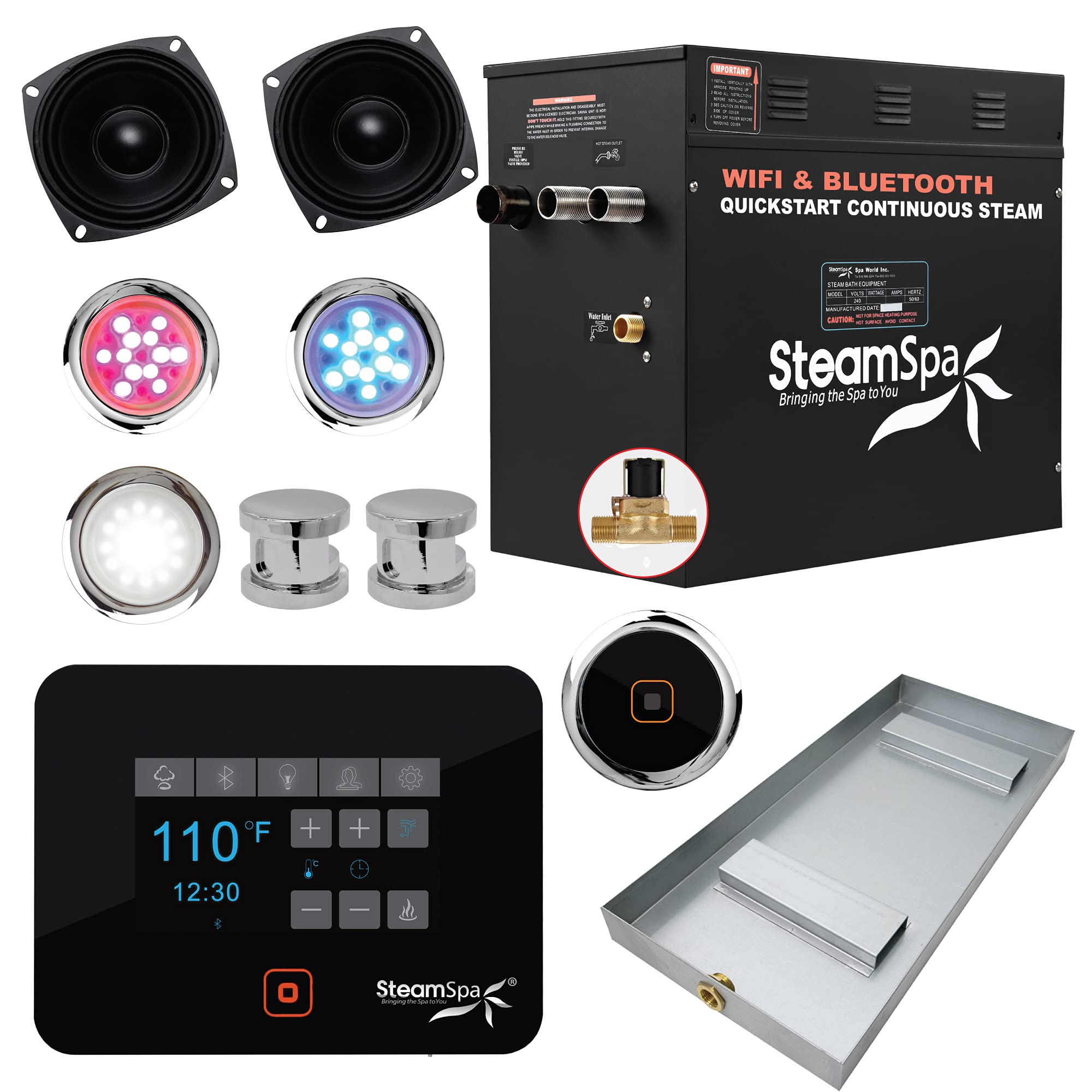 Steam Shower Generator Kit System | Polished Chrome Shower Head + Self Drain Combo |Enclosure Steamer Sauna Spa Stall Package |Touch Screen Wifi App/Bluetooth Control Panel |12kW Raven |SS-RVB1200CH-A