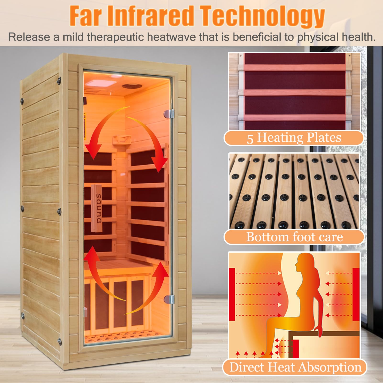 Infrared Home Sauna Room 1 Person Hemlock Wooden Indoor Sauna Spa，1200W/110V Heaters,10 Minutes Pre-Warm up,Time and Temp Pre-Set, New Year Gifts