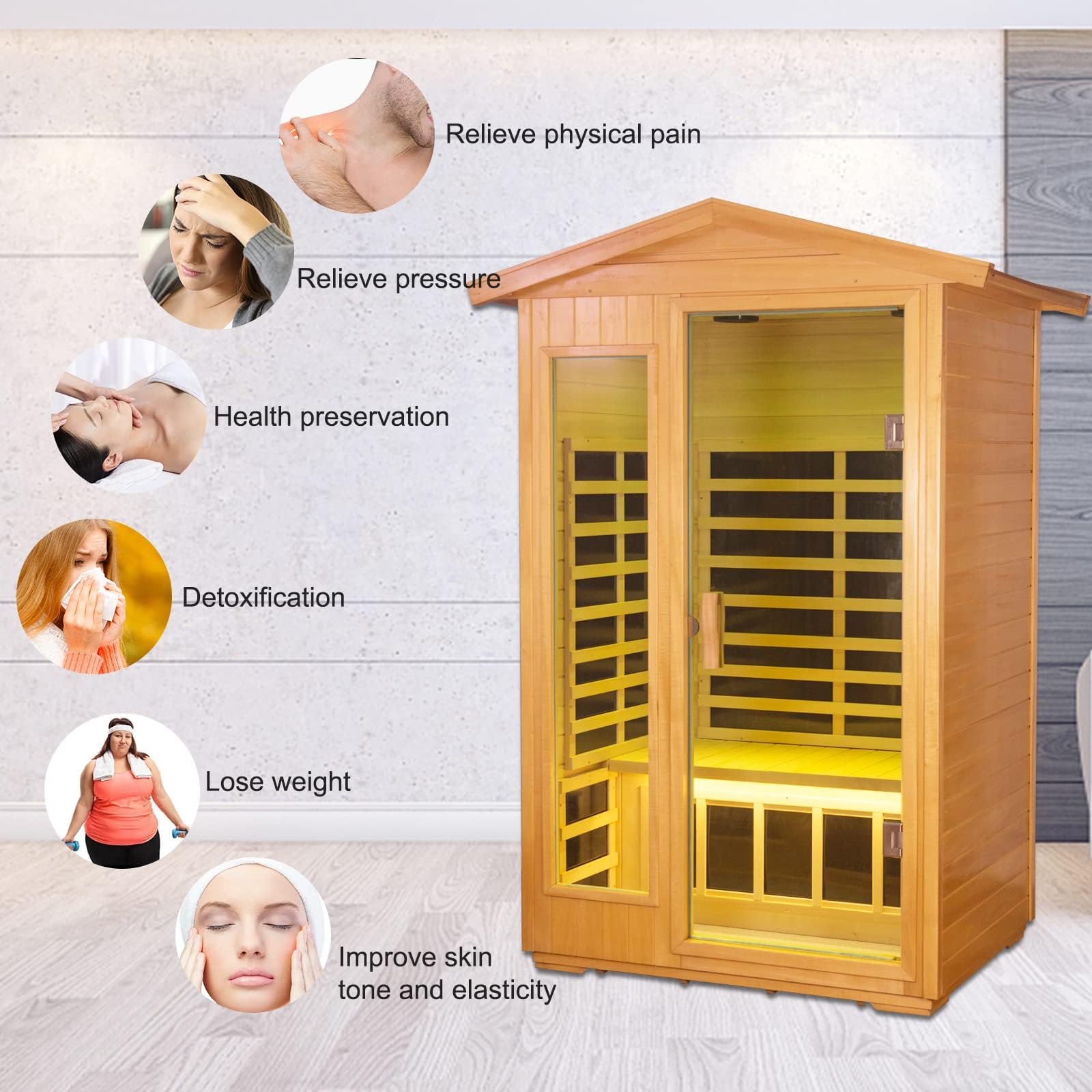 LTCCDSS 2 Person Outdoor Sauna, Basswood Far Infrared Sauna for Home, 1750W, Bluetooth Speakers, LED Reading Lamp, Chromotherapy Lamp, for Indoor and Outdoor Wooden Sauna
