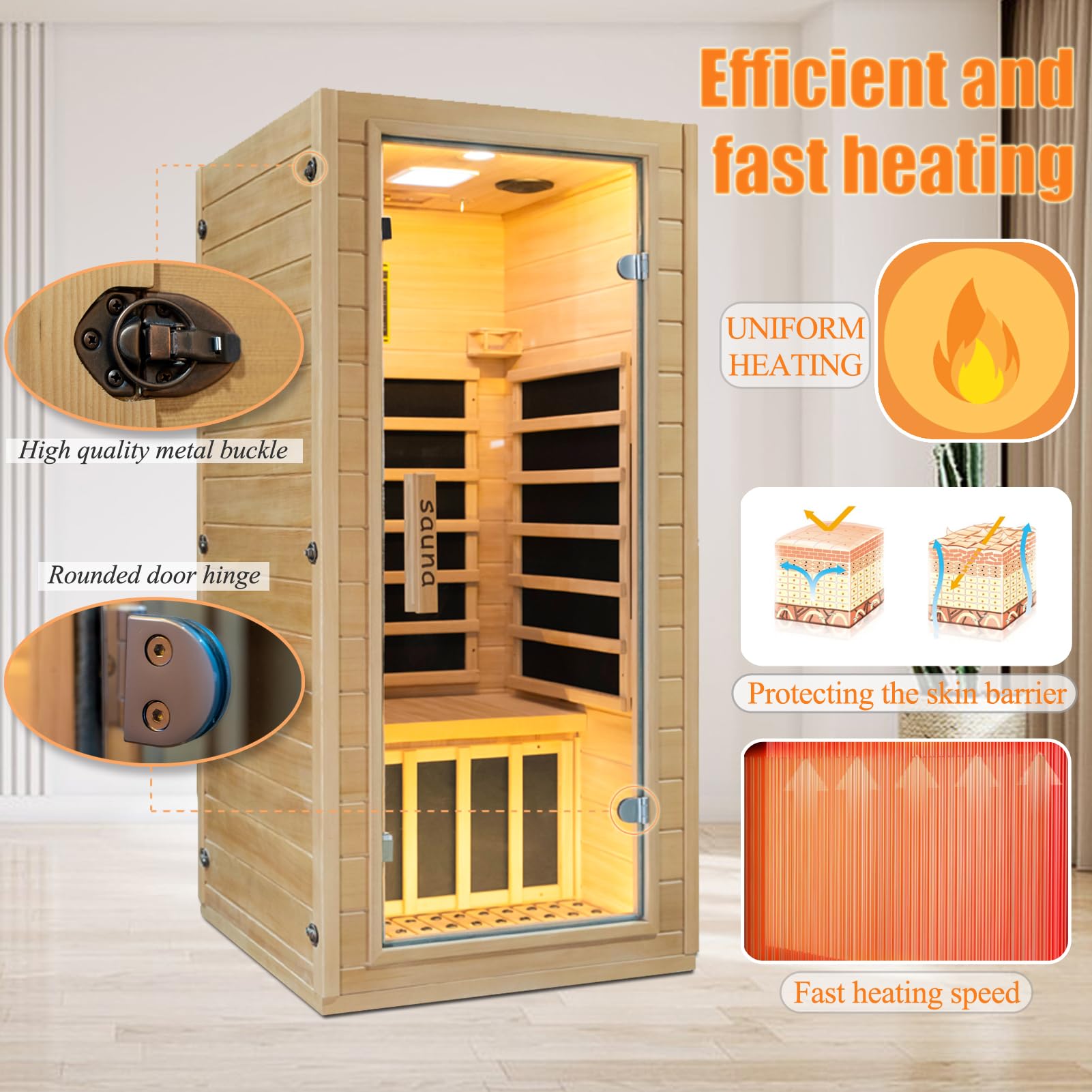 Infrared Home Sauna Room 1 Person Hemlock Wooden Indoor Sauna Spa，1200W/110V Heaters,10 Minutes Pre-Warm up,Time and Temp Pre-Set, New Year Gifts