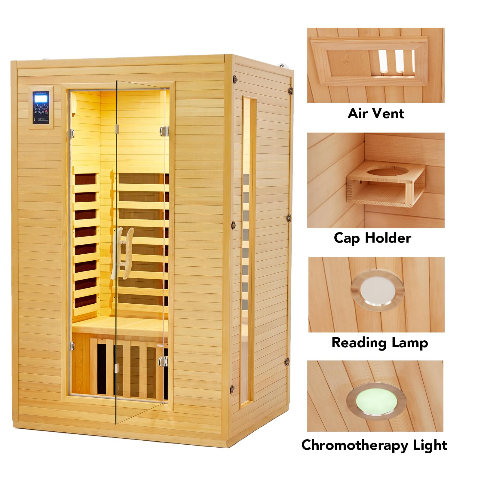 2024 Upgrade 2 Person Sauna, Low EMF 6 Heating Plate Infrared Physical Therapy Wooden Dry Steam Sauna with MP3 Auxiliary Connection, Dual Controls, Iron Shirt Wall Plate, Home Spa Day Use, Gift
