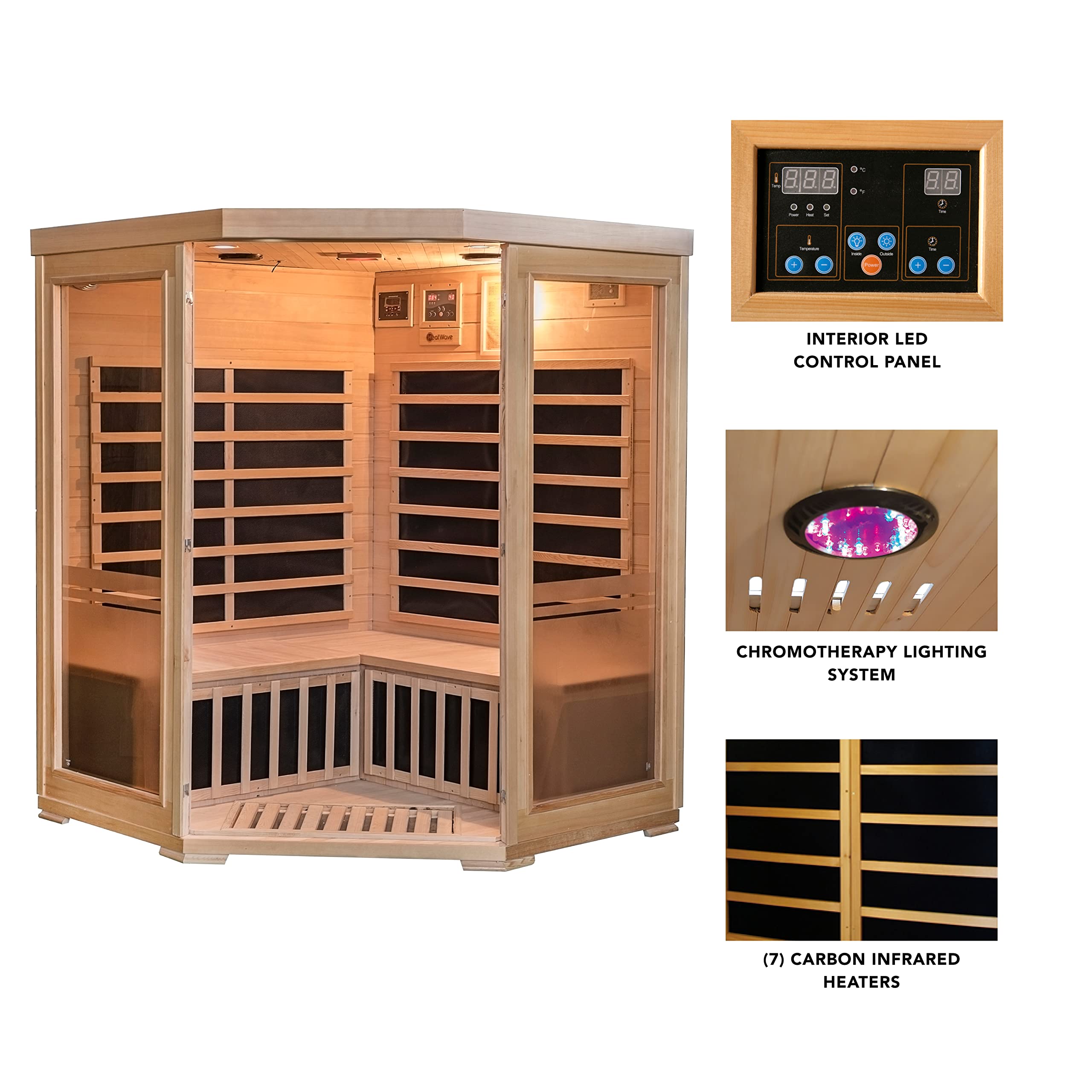 Heat Wave 3 Person Sauna Corner Fitting Infrared FIR FAR 7 Carbon Heaters Hemlock Wood MP3 Player 2 Speakers Color Therapy Light LED Control Panel