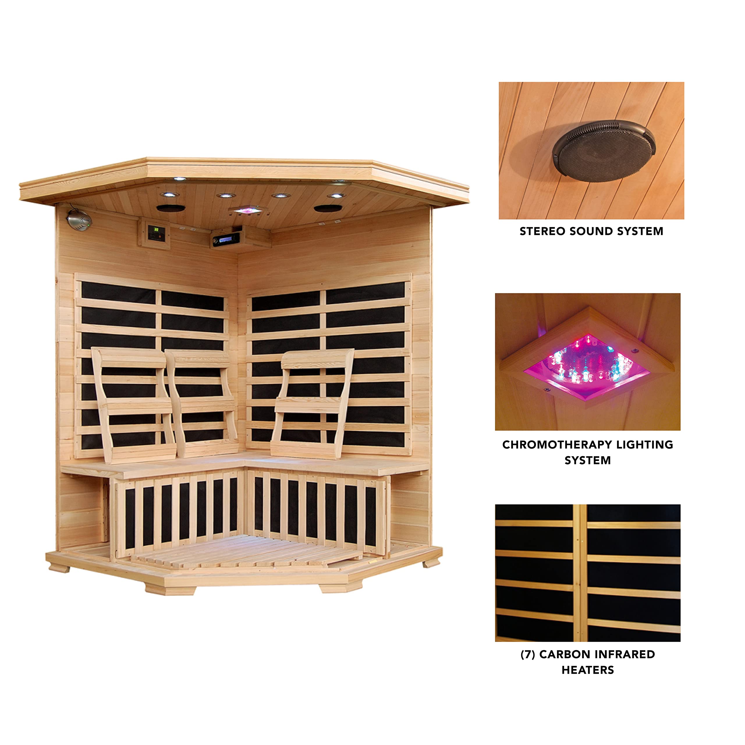 Blue Wave 3-Person Hemlock Corner Infrared Sauna w/ 7 Carbon Heaters,Brown