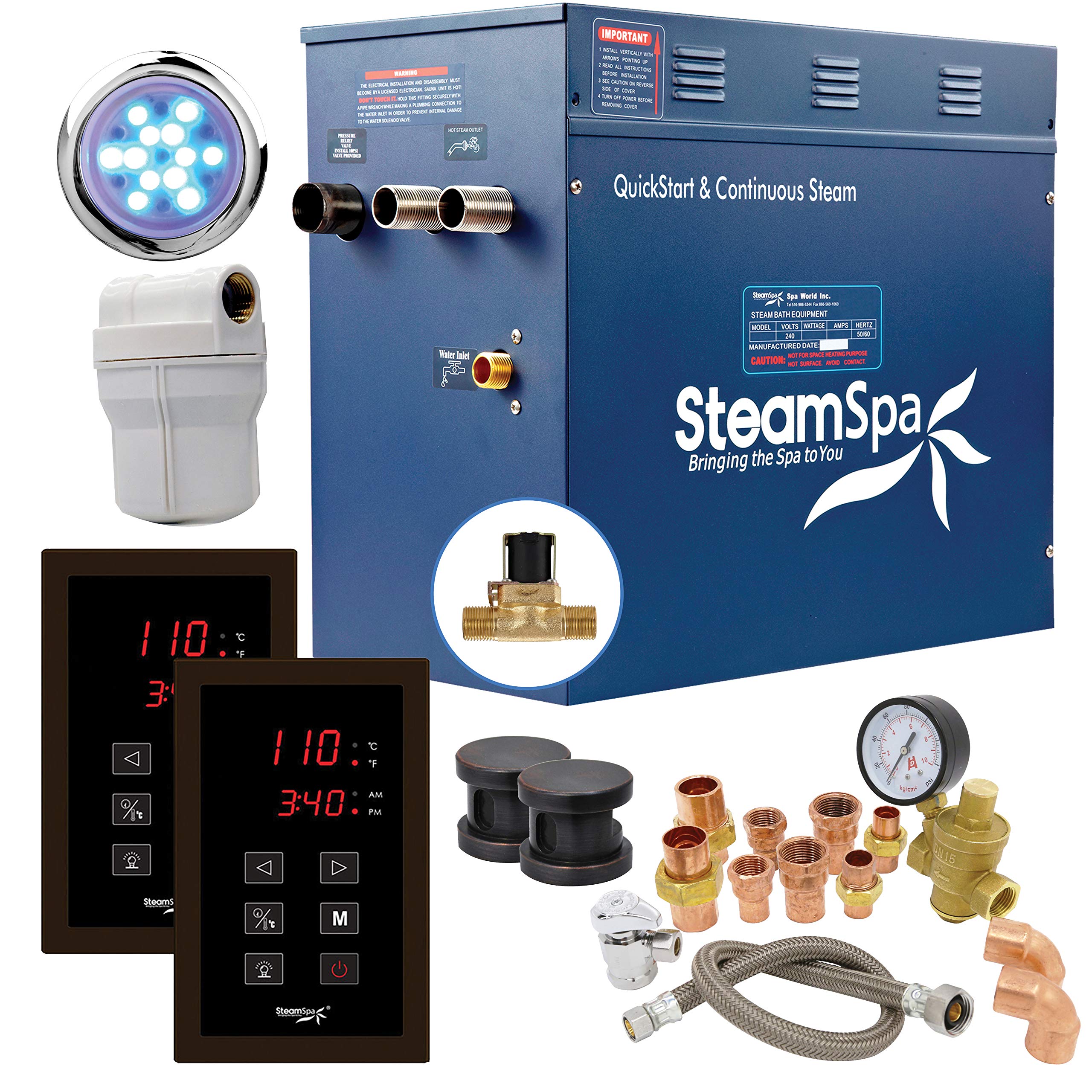 SteamSpa Executive 12 KW QuickStart Acu-Steam Bath Generator Package with Built-in Auto Drain in Oil Rubbed Bronze | Steam Generator Kit with Dual Control Panel Steamheads 240V | SS-EXT1200OB-A
